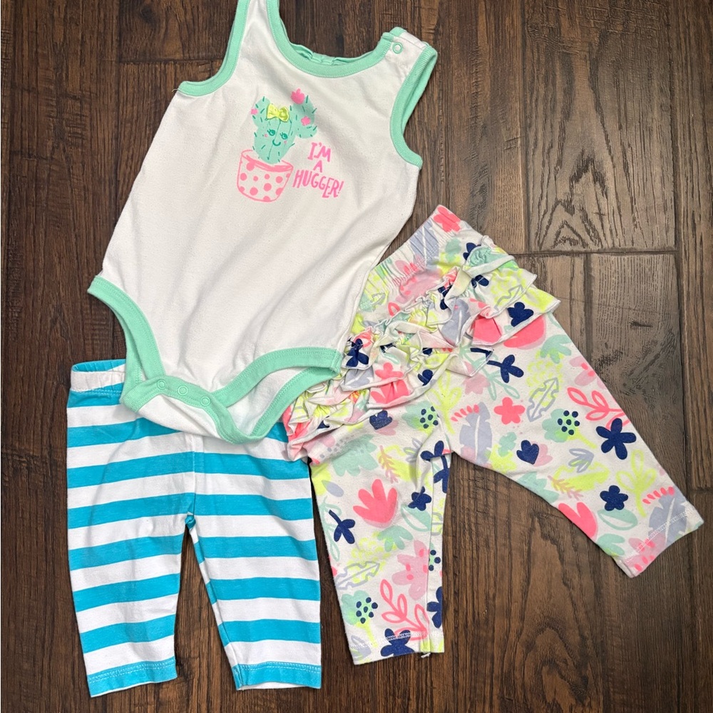 Carter's Baby Girls White & Mint Bodysuit with Floral & Striped Leggings
